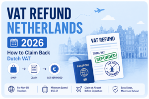 VAT refund Netherlands 2026 guide illustration showing how to claim back Dutch VAT for travelers