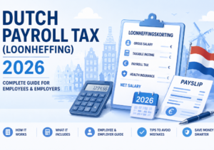 Dutch Payroll Tax (Loonheffing) 2026 featured infographic showing payroll tax guide for employees and employers in the Netherlands, with calculator, payslip, payroll checklist, Dutch flag, and financial icons on a blue-themed background.
