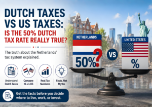 Infographic comparing Dutch vs US taxes, asking if the 50% Dutch tax rate is really true, with a scale icon showing NL and US flags.