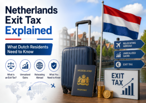 Netherlands Exit Tax explained with suitcase, Dutch passport, flag, and key tax information for residents.
