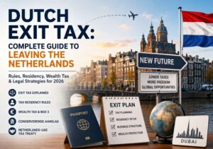 Dutch Exit Tax guide with Amsterdam skyline, passport, exit plan, and tax residency information for 2026.