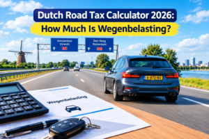 Dutch Road Tax Calculator 2026 showing a calculator, car, Dutch highway, and Wegenbelasting documents to estimate Netherlands vehicle tax.