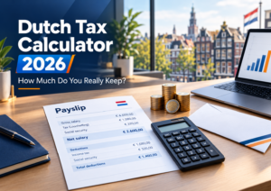 Dutch tax calculator 2026 bonus guide with payslip, calculator and euro coins
