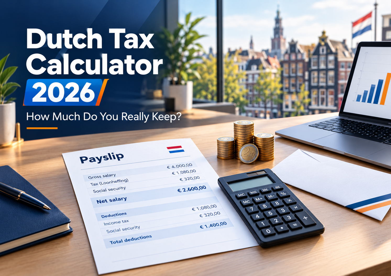 Dutch tax calculator 2026 bonus guide with payslip, calculator and euro coins