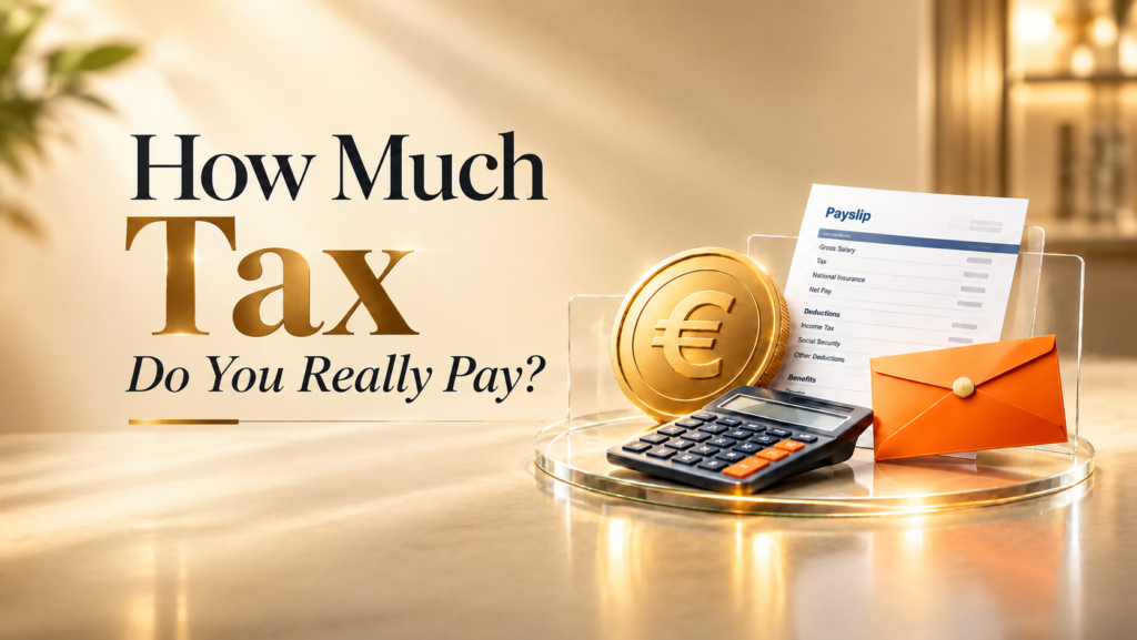 Dutch Tax Calculator 2026 Bonus banner with euro coin, calculator and payslip on a blue background