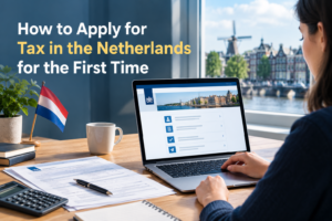 How to apply for tax in the Netherlands for the first time, with a laptop, tax documents, calculator, and Dutch flag.