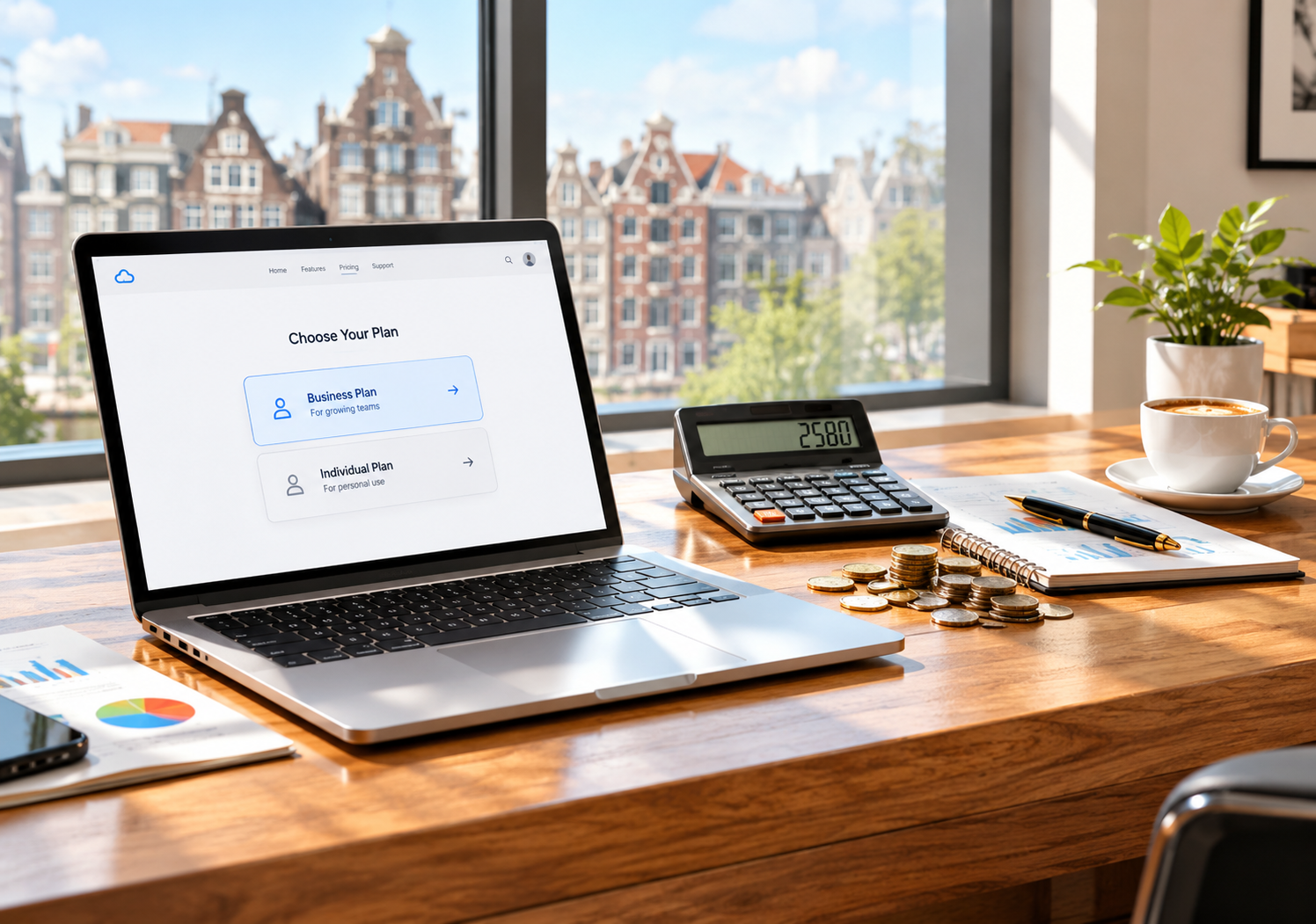 Modern Finance Workspace with City Views